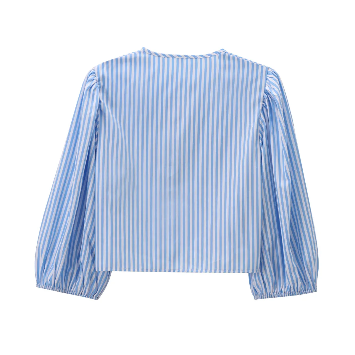 Withered Fashionable European And American Style New Product Short Striped Shirt Versatile Round Neck Lantern Sleeve Lace Up Top