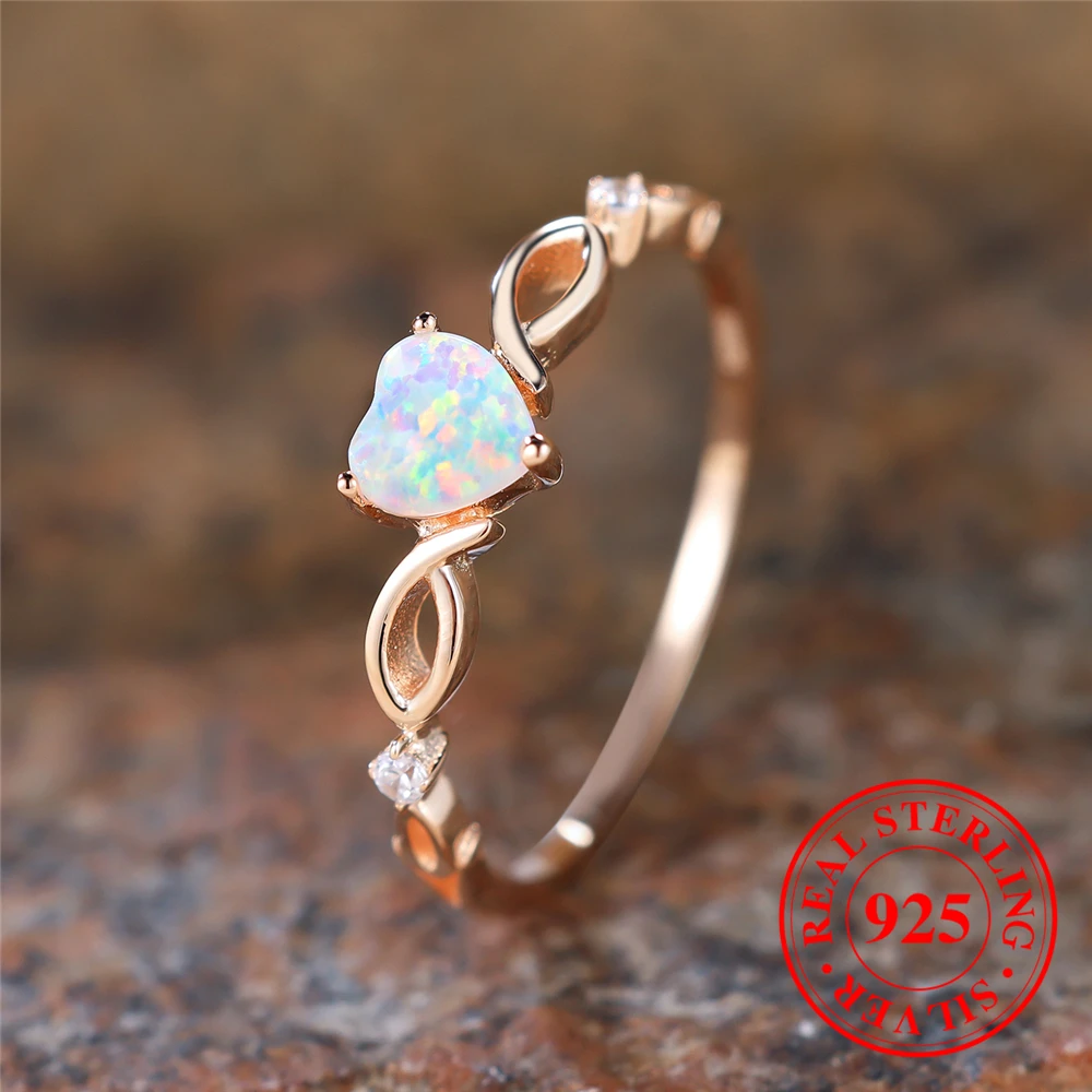 Cute Female Natural White Fire Opal Stone Heart Infinity Ring Vintage Real 925 Sterling Silver Wedding Jewelry For Women