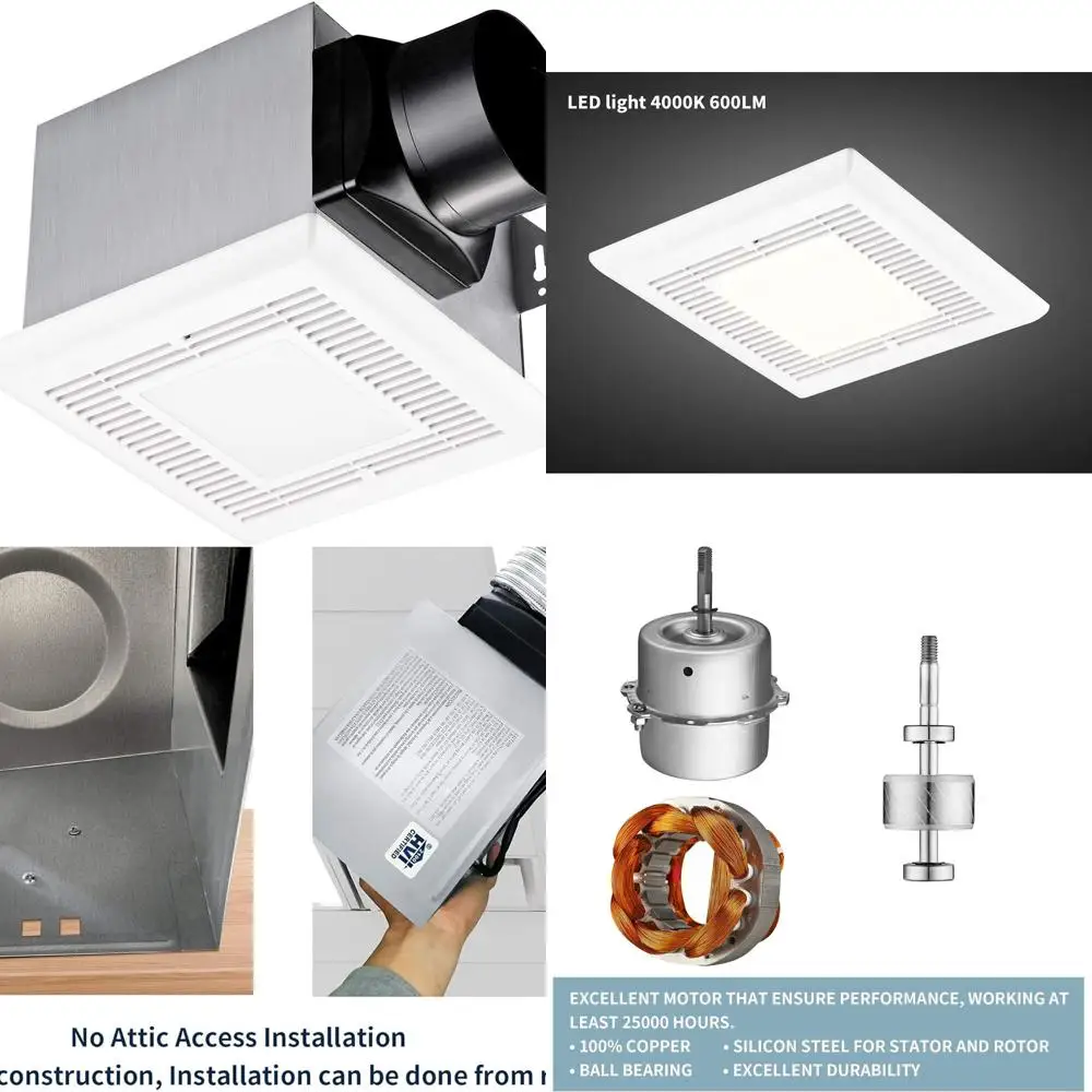 

Whisper-Quiet 50 CFM Вытяжной вентилятор для ванной комнаты со светодиодной подсветкой, 4000K, 600 люмен, 4-дюймовый канал