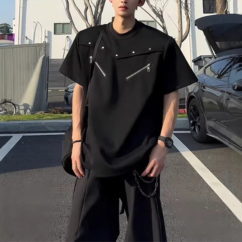 Mens Short Sleeve T Shirt Crew Neck Zipper Rivet Decorated Irregular Shoulder Loose Streetwear Casual Top