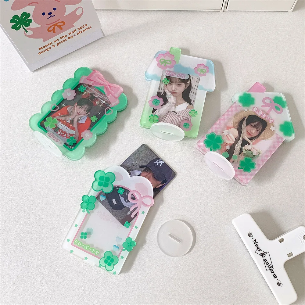 Colorful 2.7x4.6 Inch Lucky Clover Acrylic Photocard Holder Mini Photo Frame Display Stand Desktop Decoration