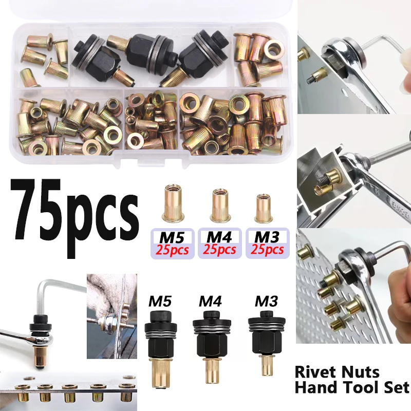75Pcs Rivet Nuts and Hand Tool Set Metric Rivet Nut Combo (M5/M4/M3), Suitable for Furniture, Decoration, Automotive, Marine, and Industrial Applications