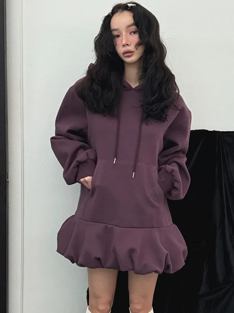 Retro Chic Long Sve Hoodie Dames Loose Fit Patchwork Bell Bot Halflang Sweatshirt Pendelen Sle Kleur