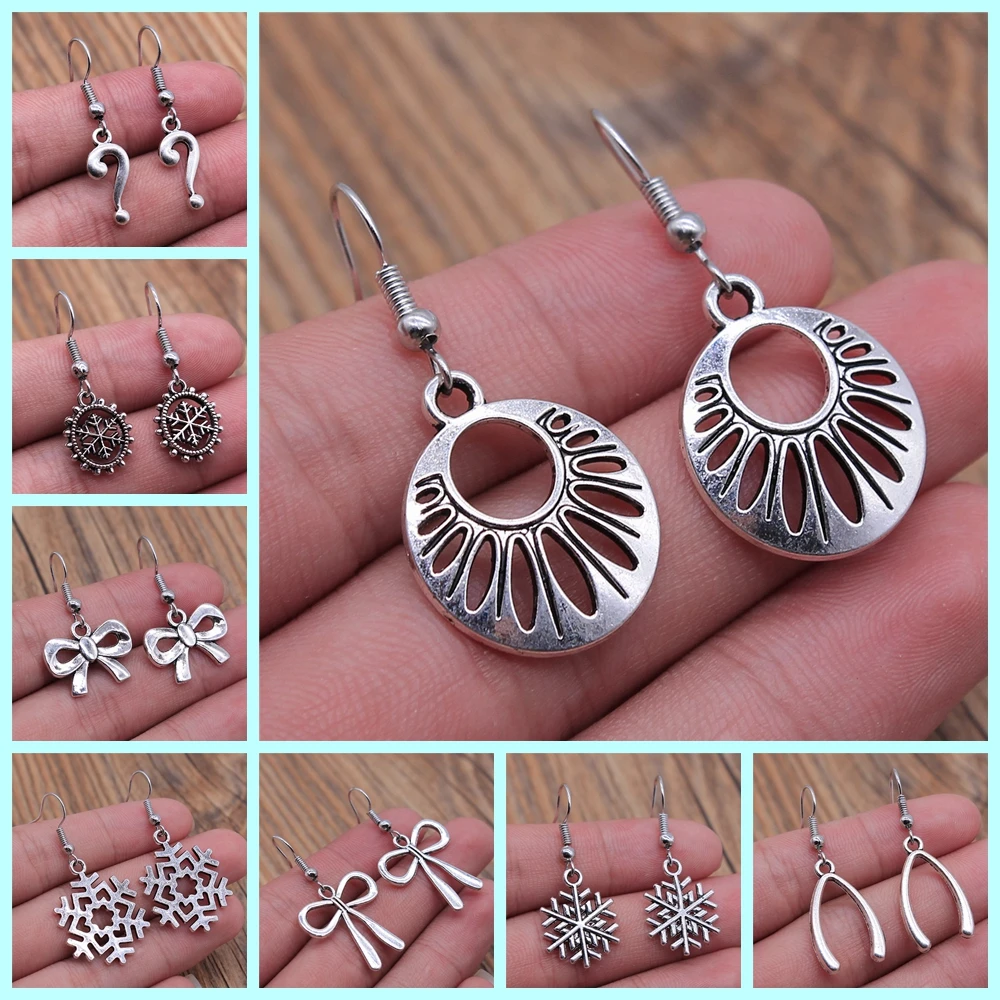 Geometric Shaped DNA Snowflake Bow Knot Infinity Dangle Earrings Vintage Antique Silver Color Earrings For Women Girl Gift