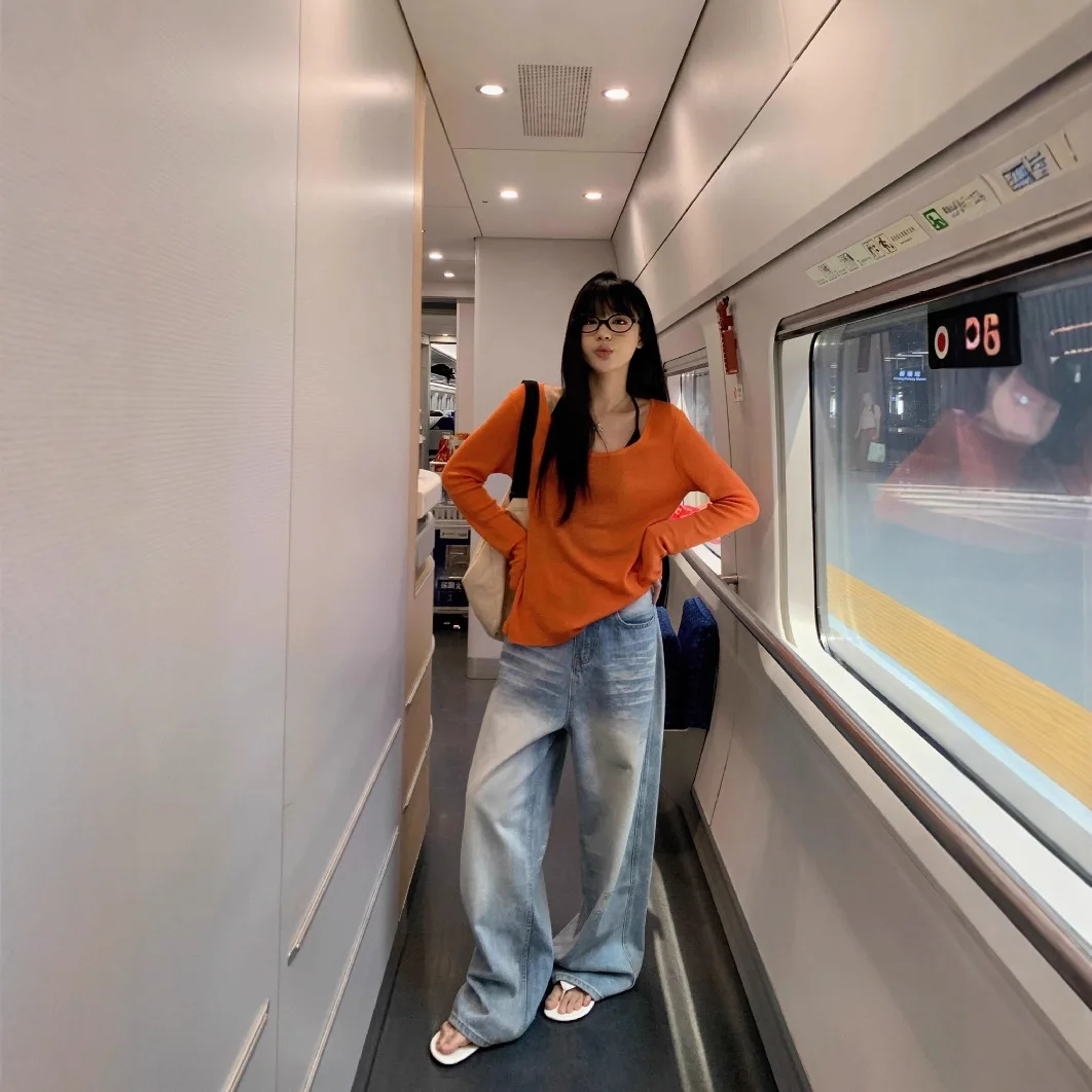 

2026 Summer Orange Thin Long Sleeve Sun Protection Tops Women Casual Loose Off Shoulder Elegant Streetwear Blouse