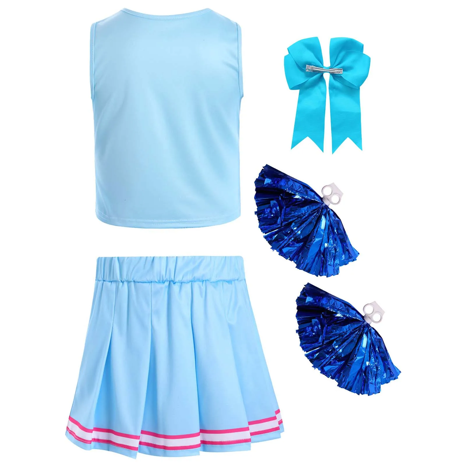 Kids Girls Cheerleading Outfit Sleeveless Letter Print Crop Top Ruffled Skirt 1Pc Bowknot Headwear 2Pcs Pompoms Hand Flowers