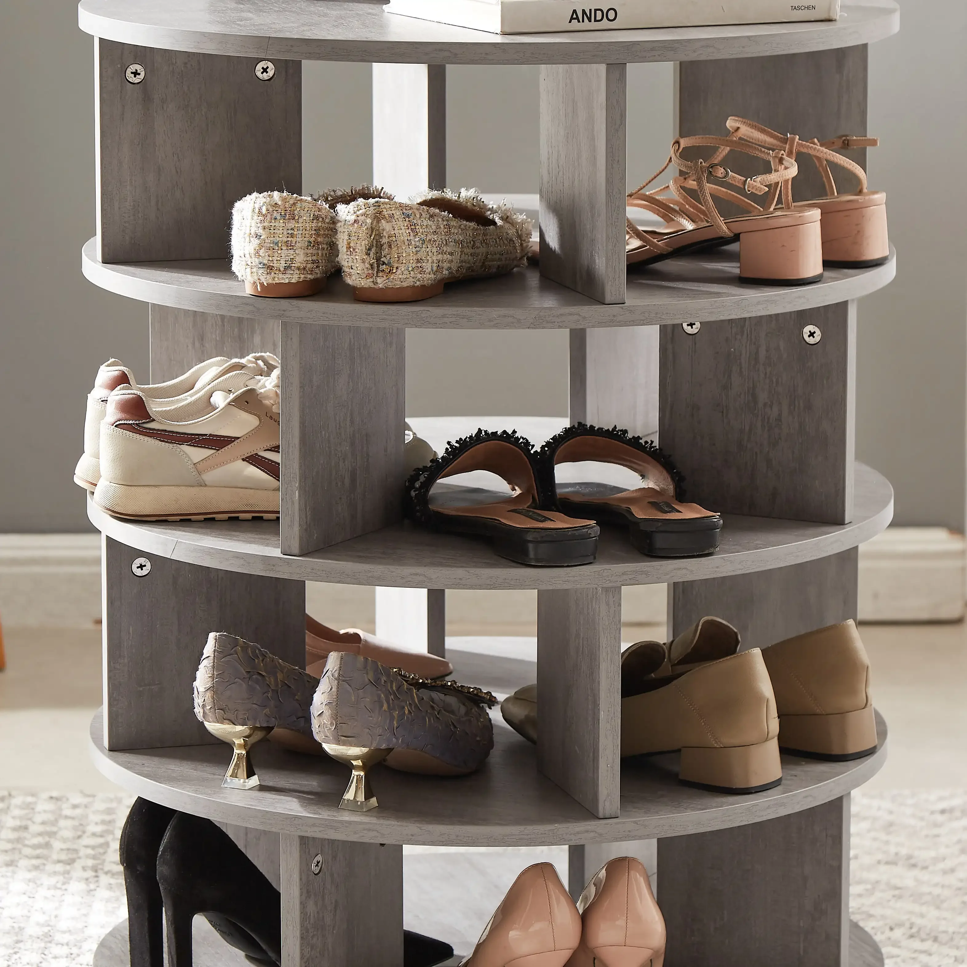 Modern Grey 4 Tier Revolving Shoe Storage Rack Round Wooden Shoe Cabinet on wheels for 16-20 pairs