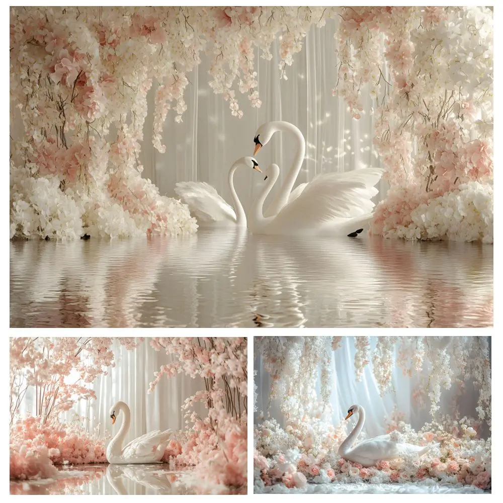 

Pink Flowers Swan Photography Backdrop Birthday Party Indoor Wedding Bride Portrait Pregnancy Art Photo Background Photo Studio