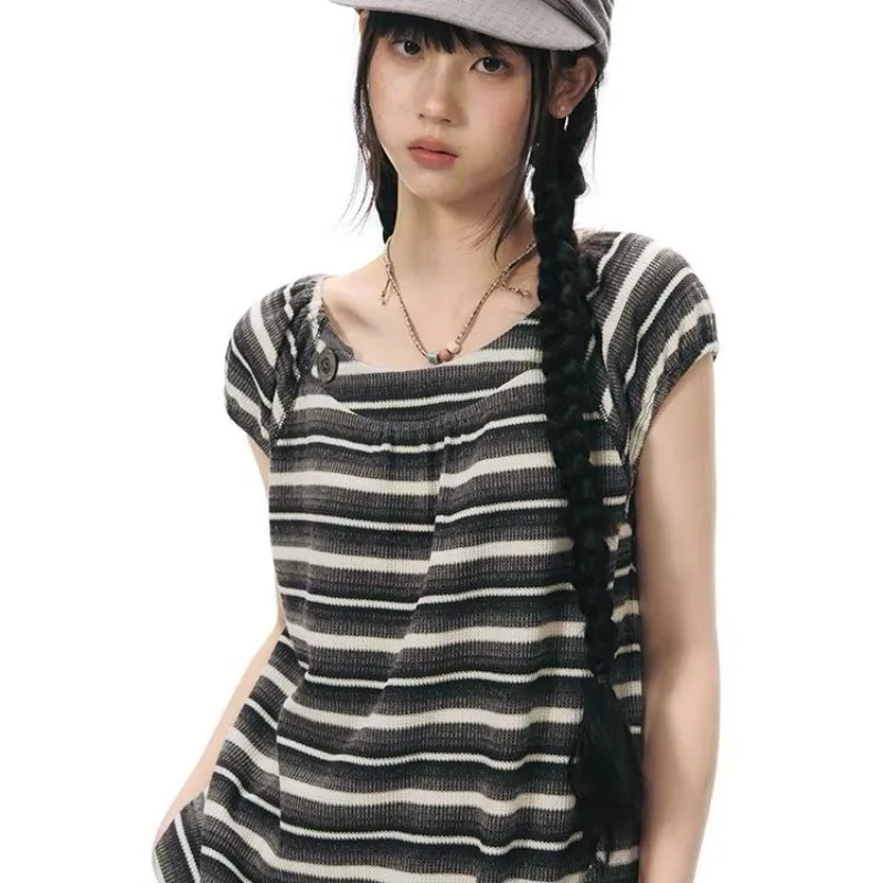Kimotimo American Retro Striped Lace Patchwork Short Sleeve T-shirts Women Summer Fashion Y2k Aesthetic Loose Tops Harajuku Tees
