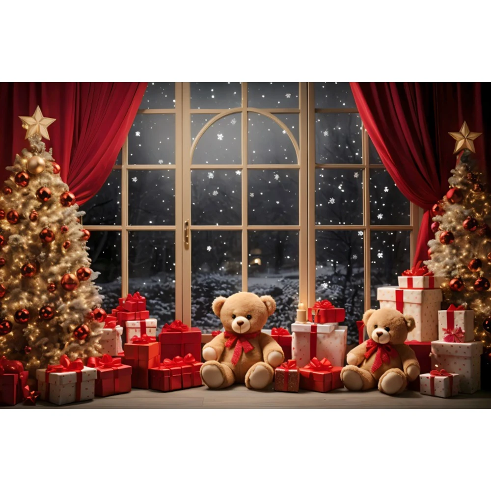 Christmas Windows Bears and Gifts Backdrops Red Curtain Starry Sky Kids Family Photography Baby Photocall Xmas Wall Backgrounds