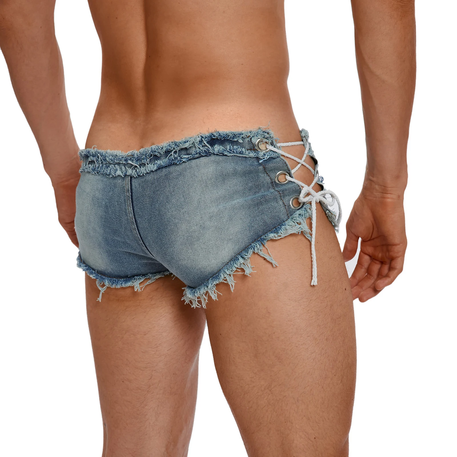 

Mens Low Rise Sexy Jeans Shorts Sides Lace-up Raw Edge Ripped Denim Booty Shorts Hot Pants for Nightclub Rave Party Bar Beach