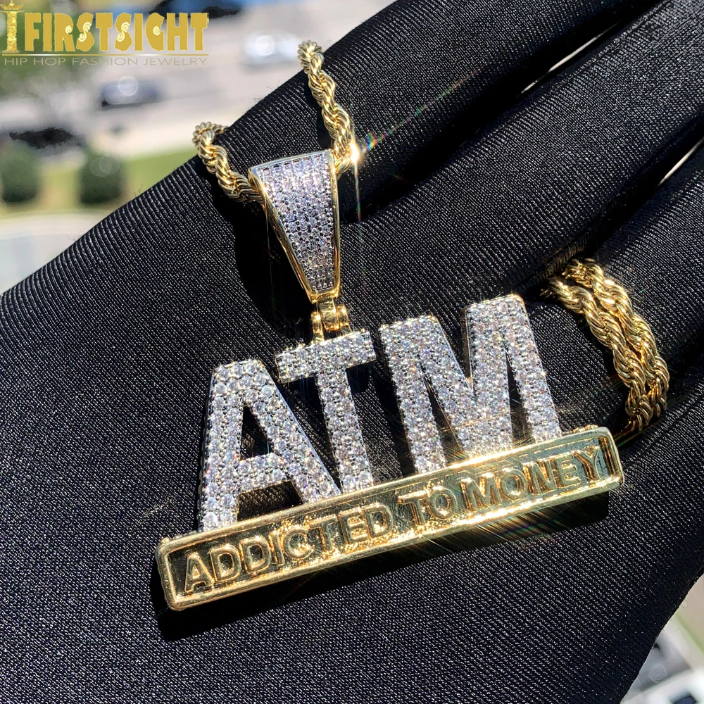 جديد مثلج خارج بلينغ رسائل ATM مدمن على المال قلادة القلائد اثنين لهجة اللون AAA الزركون سحر الرجال الهيب هوب مجوهرات #1