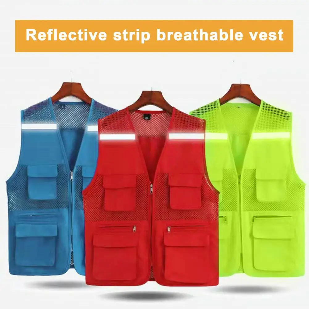 Mesh Director Waistcoat Reflective Stripes Director Fishing Vest with Multi Pockets for Men Lightweight Mesh Camping for Outdoor