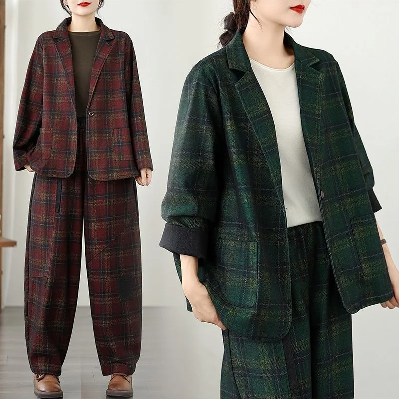 

Клетчатый пиджак для женщин, весенне-осенний корейский вариант, модный комплект из двух предметов, куртка, свободные шаровары, большие размеры w1435