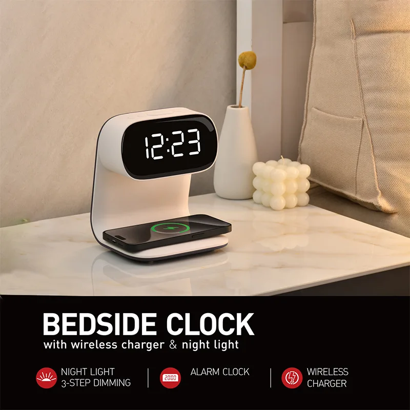 New wireless charging bedside night light 15W fast charging mobile phone earphone charging alarm clock gift desk lamp