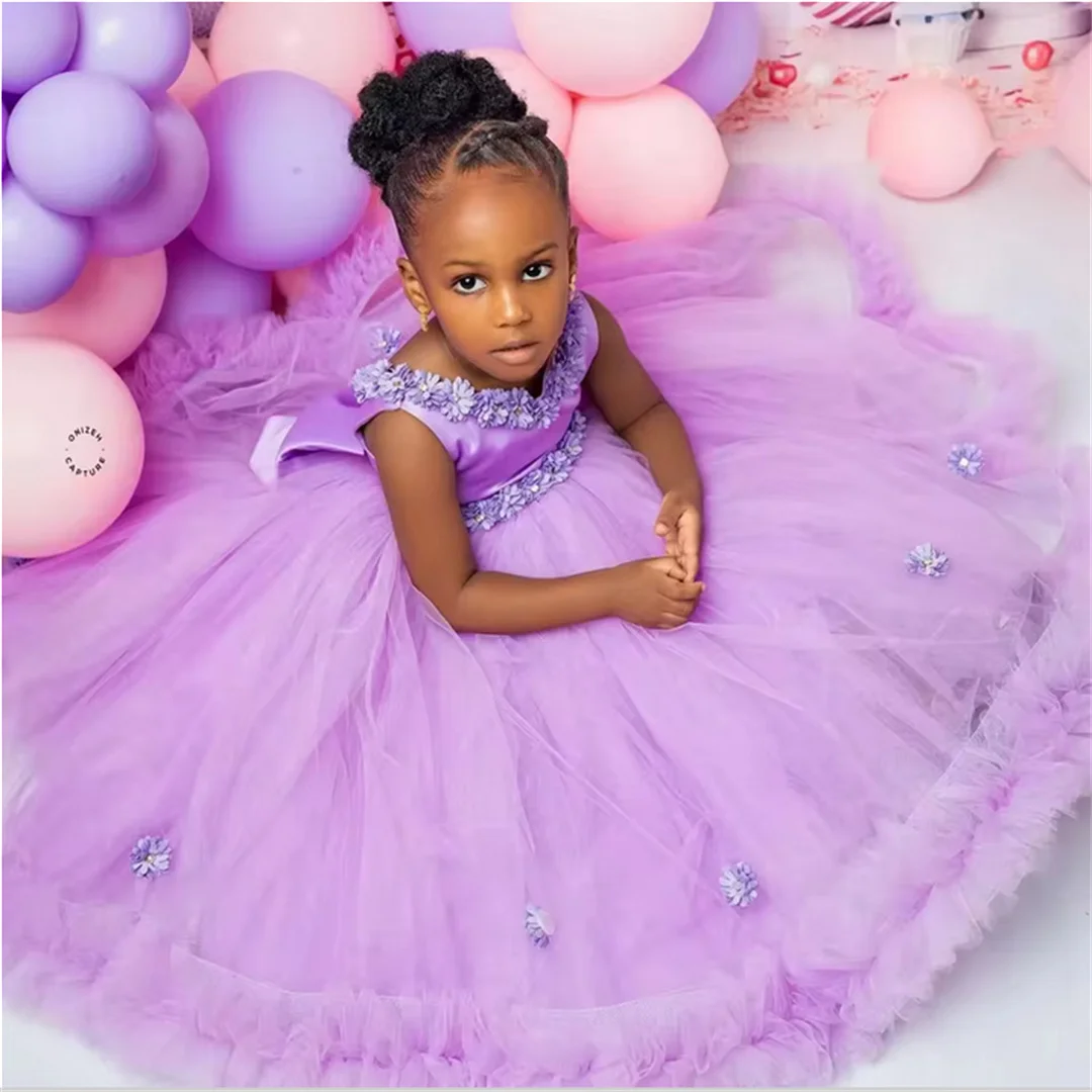 Vestidos de niña de flores de lavanda personalizados para boda, vestidos florales de satén sin mangas para niños, vestidos de cumpleaños para bebés, vestidos de primera comunión