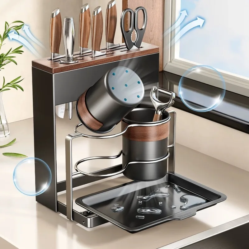 Walnut Wood Knife Block Organizer for Countertop, Solid Wood Knife Storage Rack with Chopstick Holder & Drainage Tray for Home view 2