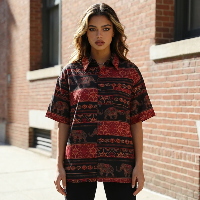 

Men Short Sleeve Shirt Bohemian Elephant Print Vintage Ethnic Tribal Summer Beach Resort Wear Casual Button Down Tops Streetwear