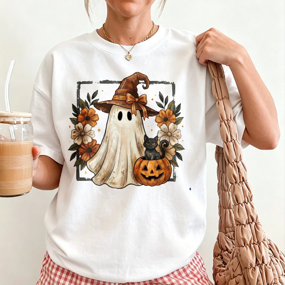 Halloween Ghost Witch Hat Graphic T Shirt Retro Floral Ghost Black Cat Jack O Lantern Pumpkin Fall Autumn Spooky Season Print