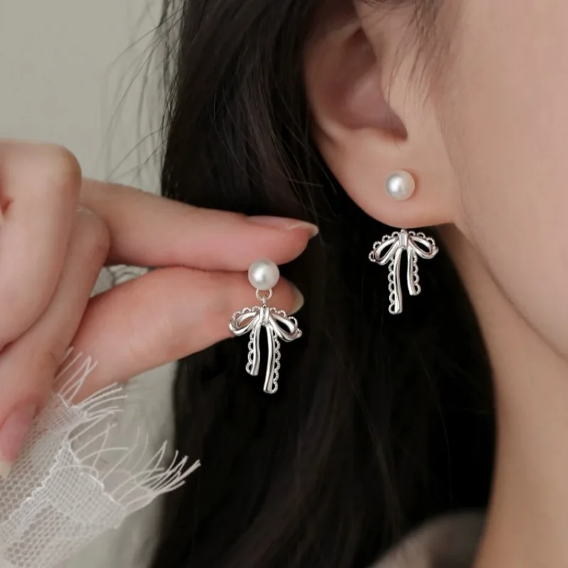 Sam Panda 925 Sterling Silver Sweet lace bowknot Pearl Earrings For Women Gift Jewelry Versatile Accessories Dropship Wholesale