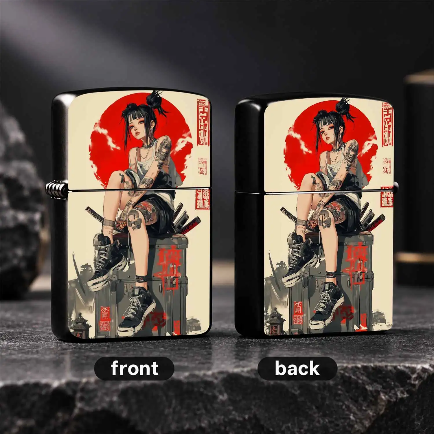 Vintage Cyber Japanese Style Lighter, Trendy Samurai Tattoo Girl Pattern Art Print, Portable Fashion Accessory For Daily Commute Outdoor Gathering Party, Ideal Decorative Present For Hip Pop Street Culture Lovers Interesting And Humorous Li