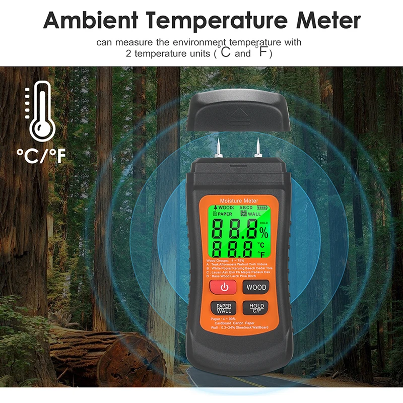 MT-02 Digital Wood Moisture MeterTwo Pins Digital Paper Humidity Tester Wall Hygrometer Non-contact Backlit Timber Damp Detector