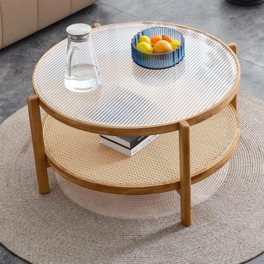 

Modern Round Coffee Table,with Textured Glass Tabletop, 2 Tier Center Table,with Rattan Woven Storage Shelf, Coffee Tables