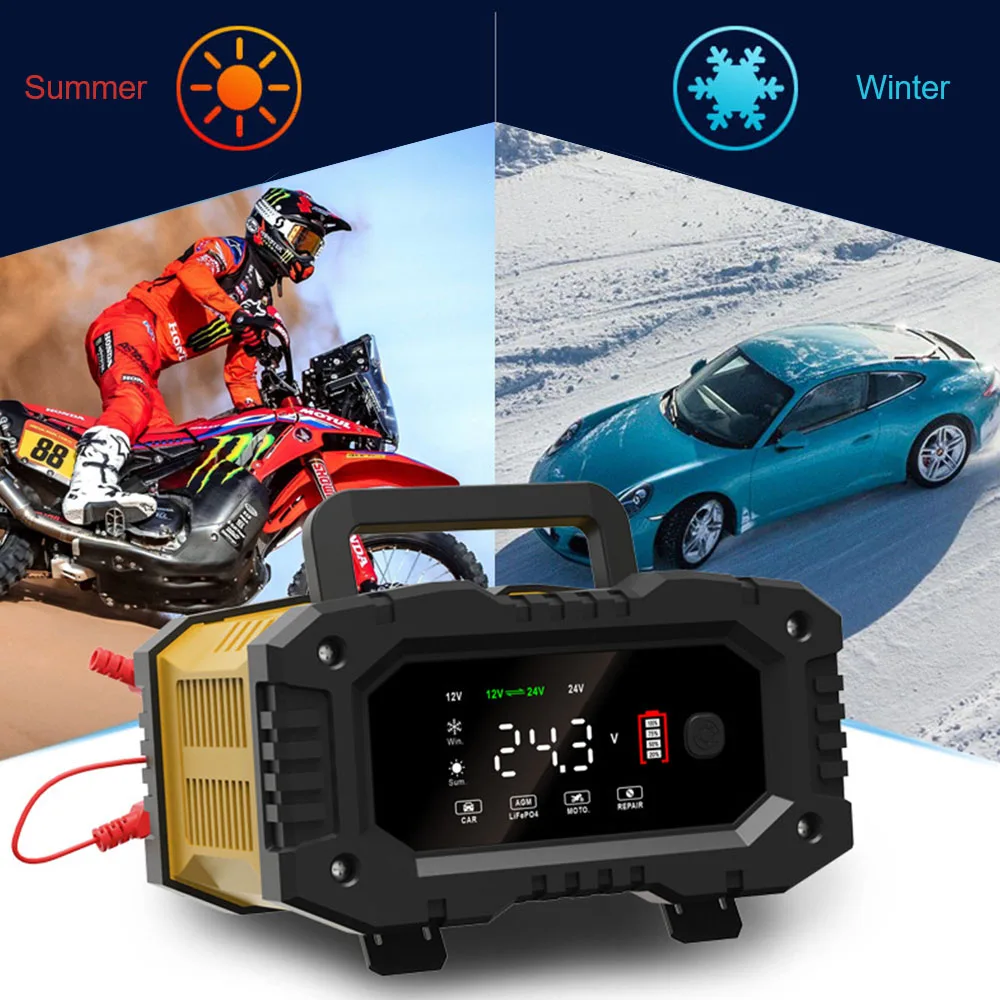 

Car Motorcycle Battery Charger For AGM GEL SLA Lead-Acid LiFePO4 Smart Battey Charger 7-stage Handheld 12V-24V