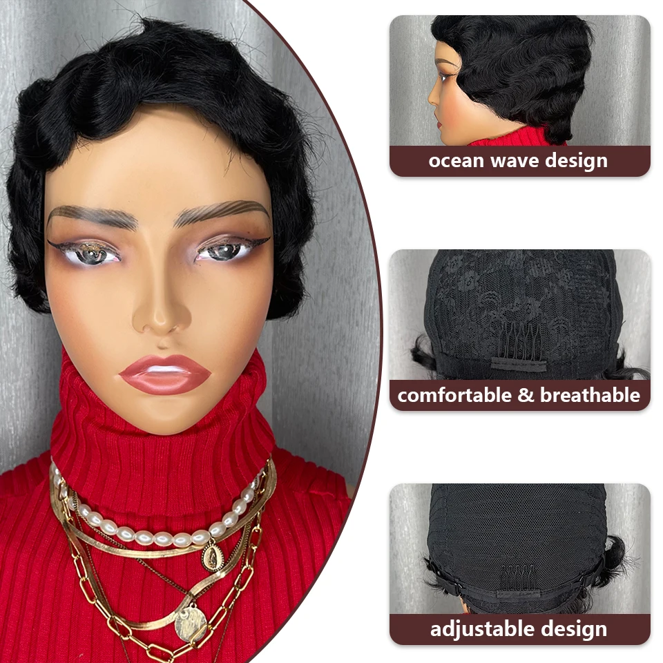 Peruka damska 4 cale, naturalny wygląd, vintage pixie cut, finger wave, z ludzkich włosów, w pełni wykonana maszynowo, krótka peruka, uniwersalna do codziennego noszenia.