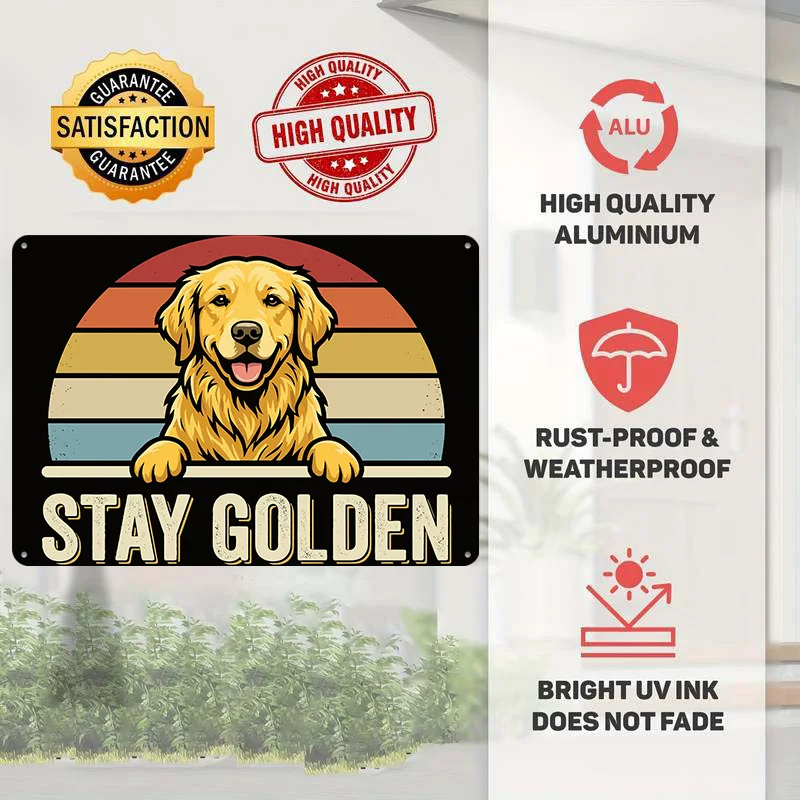 Golden Retriever Dog With Retro Sunset Metal Poster Perfect Gift for Fans Lovers Customized Wall Art Metal Sign for Decor Room
