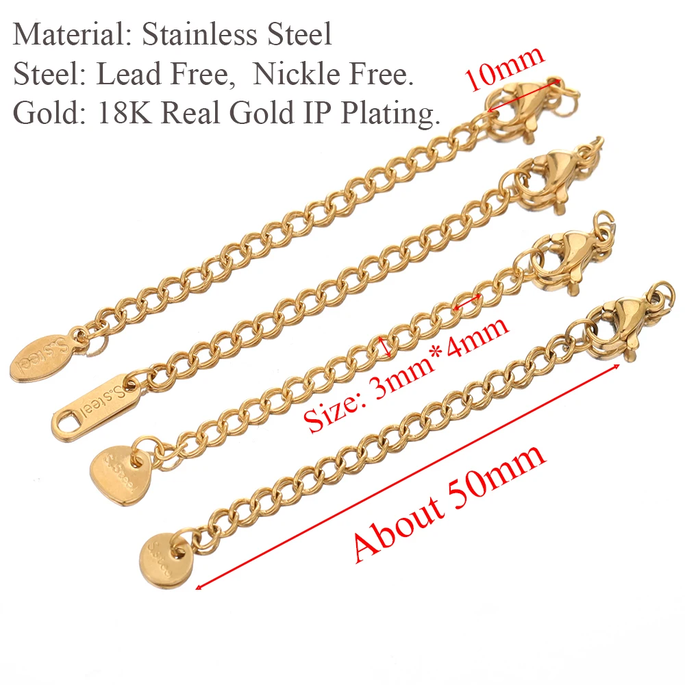 10pcs Stainless Steel Extension Extended Tail Chains Lobster Clasps Connectors DIY Jewelry Making Findings Bracelet Necklaces