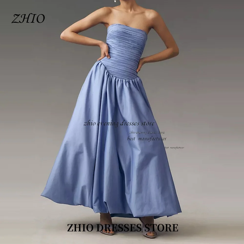 ZHIO Customized Gorgeous Blue Dubai Prom Dress Strapless Pleated Satin A Line Wedding Party Dresses فساتين سهرة