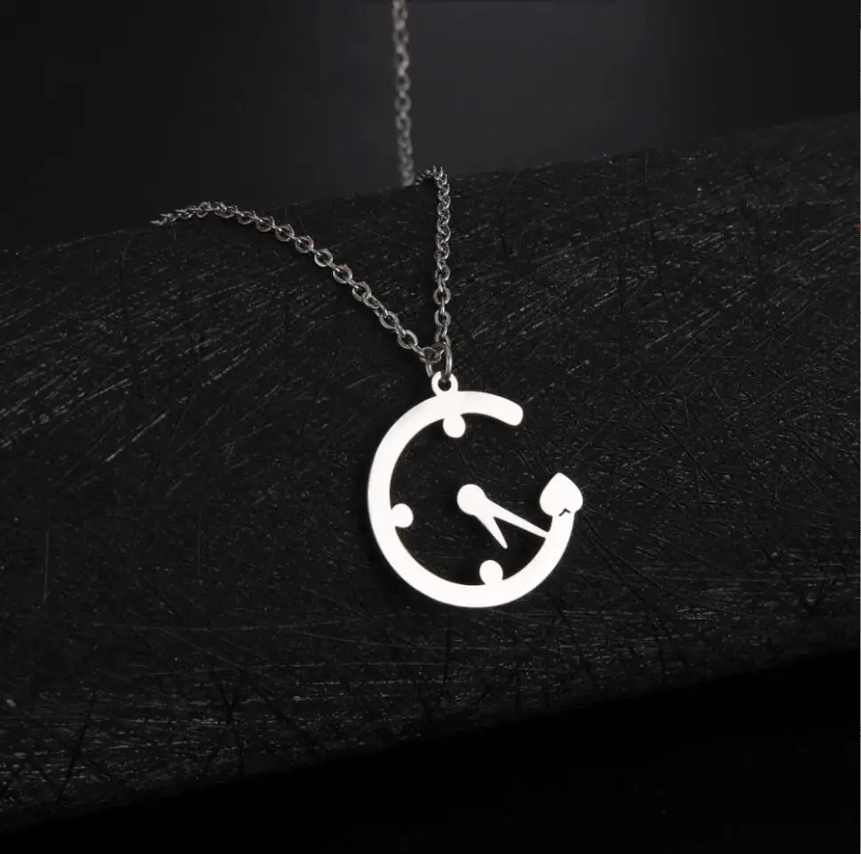 1PC Stainless Steel Clock Shape Pendant Necklace for Women Silver Color Accessories for Female Heart Jewelry F1400