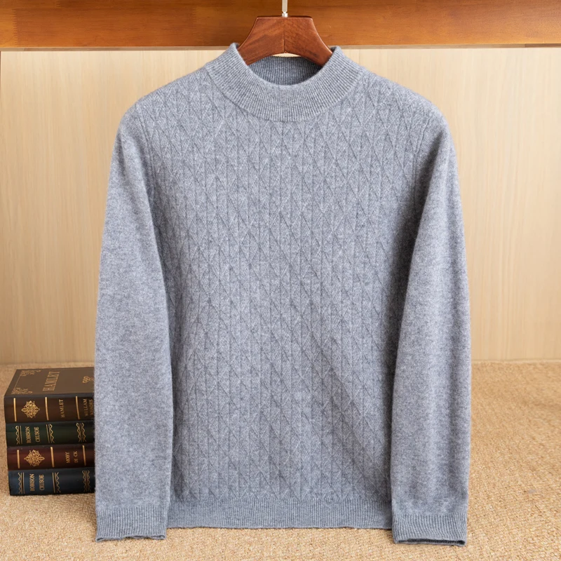 Double Thick 100% Pure Wool Men's Semi-High Collar Business Sweater Long Sleeve Pullover Jacquard Thread Knitted Bottoming Shirt