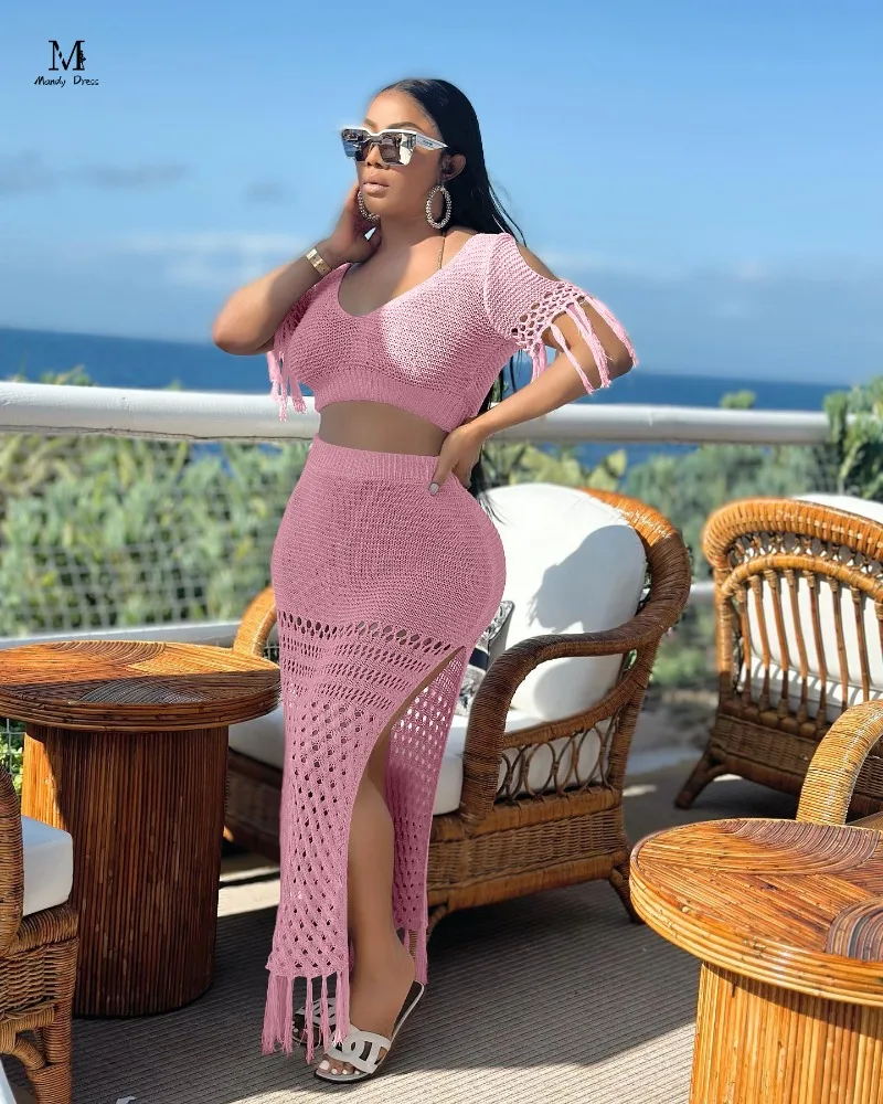 Conjunto de ganchillo a mano para mujer, Top corto de punto con borlas y falda, ropa de vacaciones de verano, traje de 2 piezas para playa