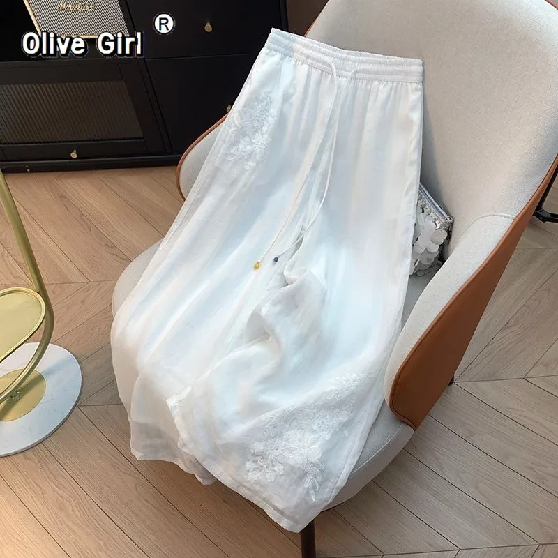 Olivegirl Women's Pants Retro Pearl Embroidered Cotton Linen Wide Leg Trousers Summer 2026 Straight Leg Casual Pants Bottoms