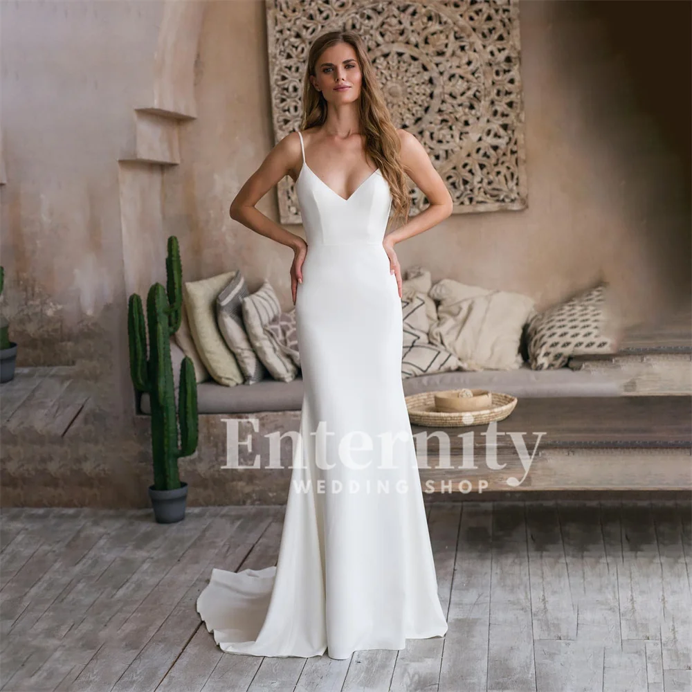 

Customized Mermaid Wedding Dresses V Neck Spaghetti Straps Satin Womens Dresses Floor Length Bride Dresses Vestidos Para Mujer