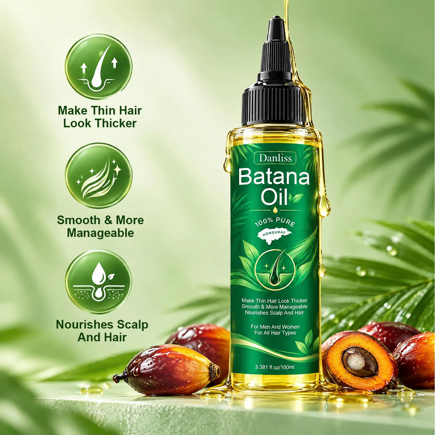100% Pure Honduras Batana Oil, Natural Hair Growth Oil, Make Thin Hair Look Thicker, Smooth & More Manageable.