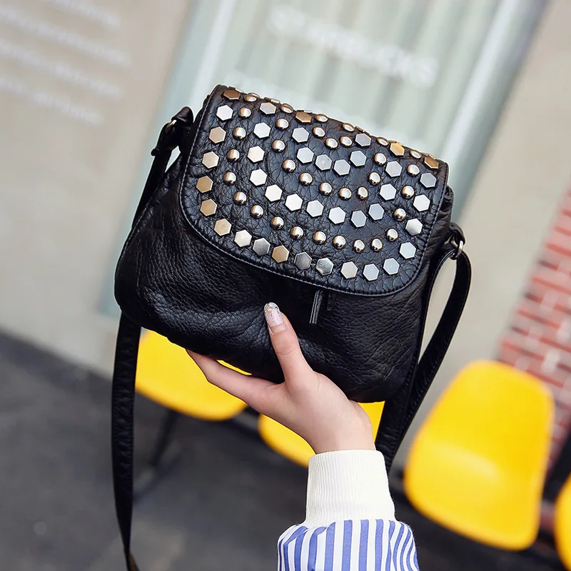 1PCS Geometric Rivet Decor Flap Shoulder Bag Thickened PU Purse Street Rock Style Versatile Handbag For Travel Shopping