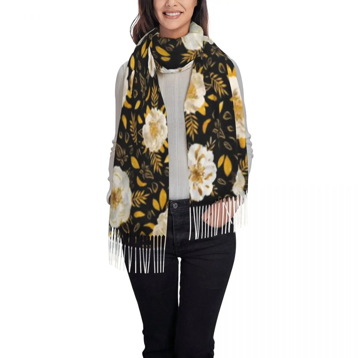 شال الزهور الذهبية والأوراق وشاح شرابة