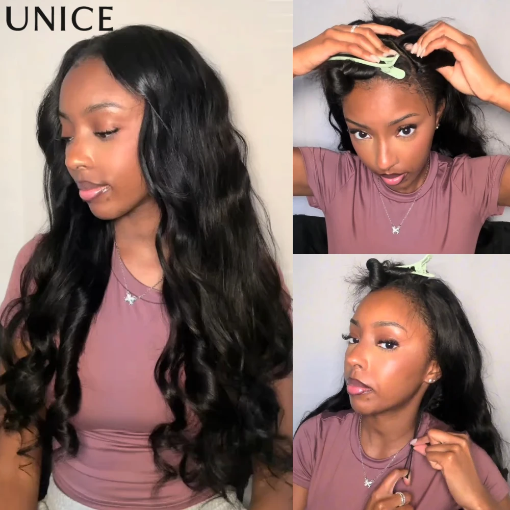 UNice 180% Density Body Wave V Part Wig With Drawstring 100% Human Hair Wig Minimal Leave Out Beginner Friendly