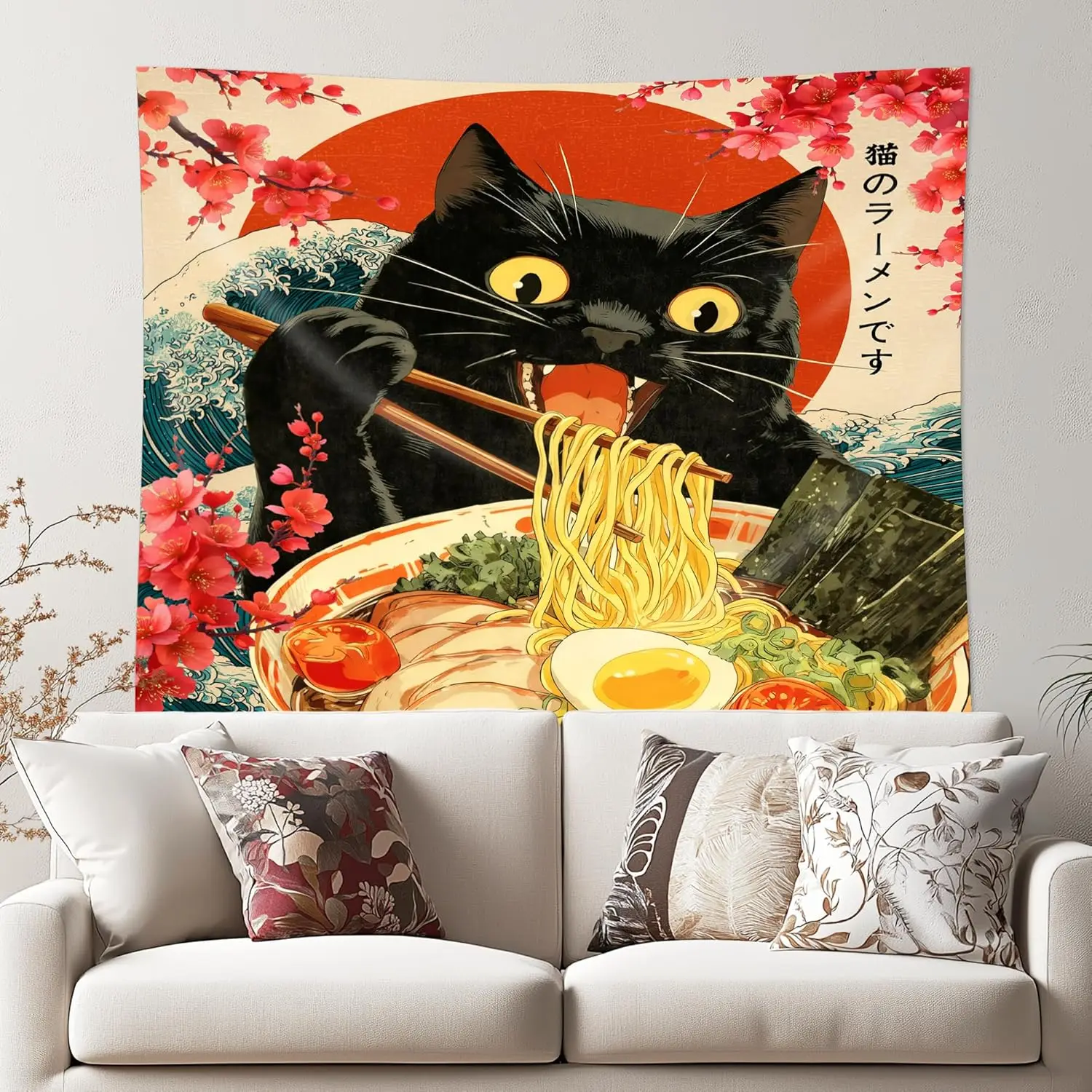 Japanese Cat Ramen Tapestry - Ukiyo-e Wave Black Cat Wall Art, Cherry Blossom Food Decor, Living Room Kitchen, Multiple Sizes