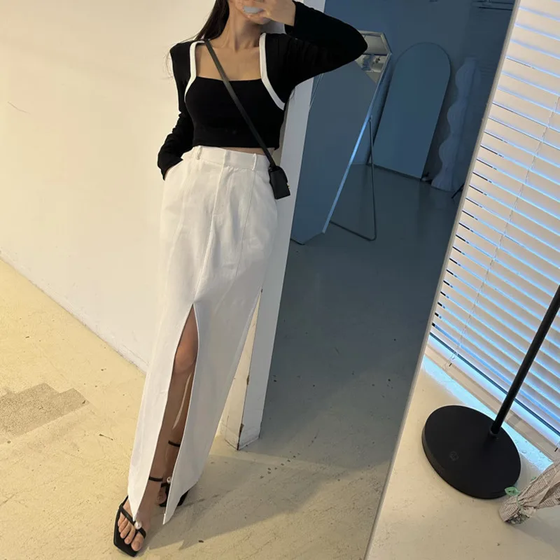 

Early Spring Faion Korean Sle Pure Color Slit High Waist Elastic Waist Design Sensation f Length Skirt