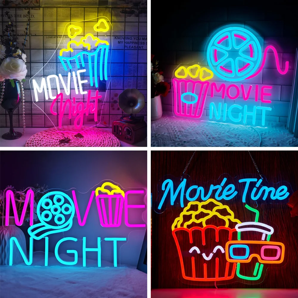 Movie Night Neon Sign for Wall Decor Movie Time Home Cinema Decor Dimmable USB Neon Lights for Film Room Cinema Party Birthday