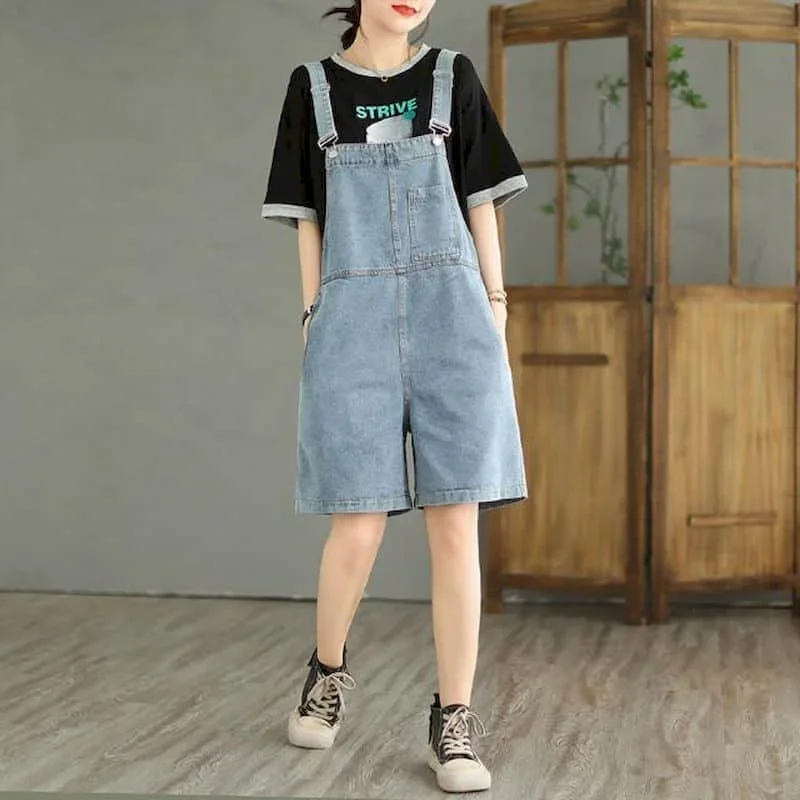 

Jumpsuits for Women Denim Vintage Casual Korean Fashion Solid Playsuits Loose Wide Leg Shorts One Piece Outfit Women Clothing