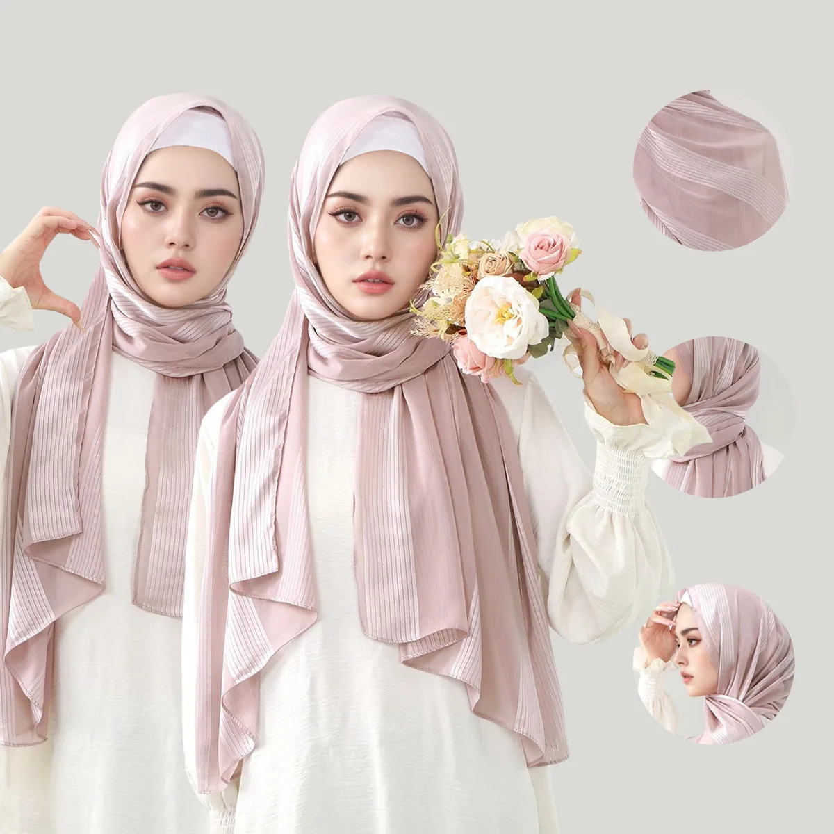 New Solid Wide Narrow Stripe Metallic Long Scarf for Women, Ethnic Casual Pull-On Turban Shawl Wrap Export