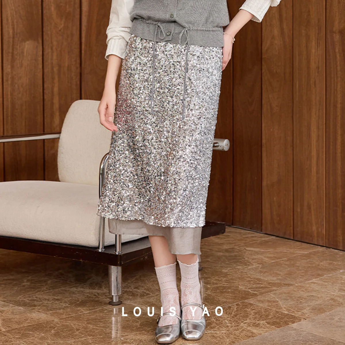 

LOUIS YAO Sequin Spliced Women's Half Skirt 2025 Autumn Split Midi Skirt Fashionable Design Sense Gentle Straight Tube Skirt