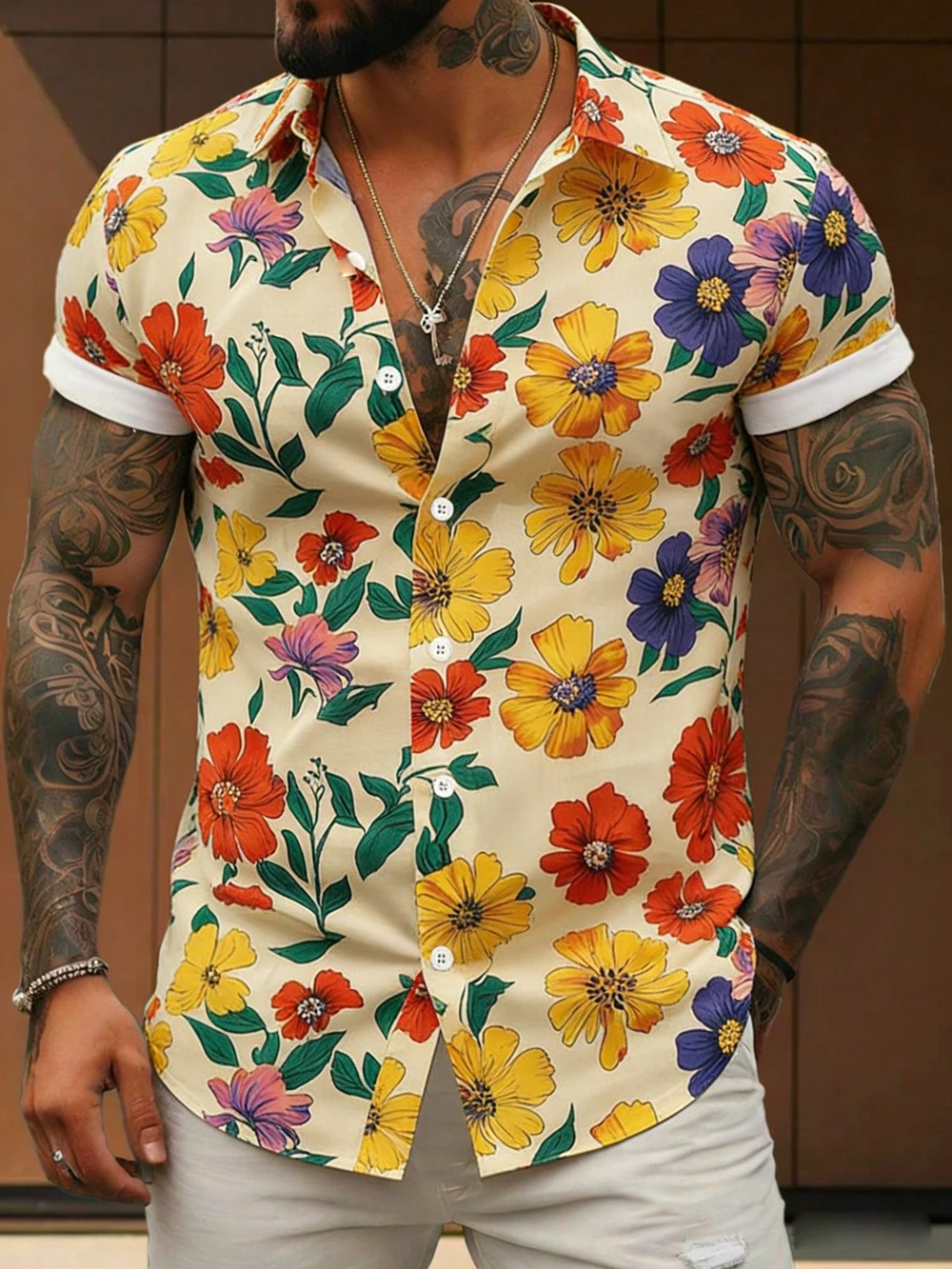 Men's Dark Collar Short-Sleeve Shirt Natural Plant High-Definition Printed Shirt Hawaiian Vacation Outdoor Social Men's Clothing
