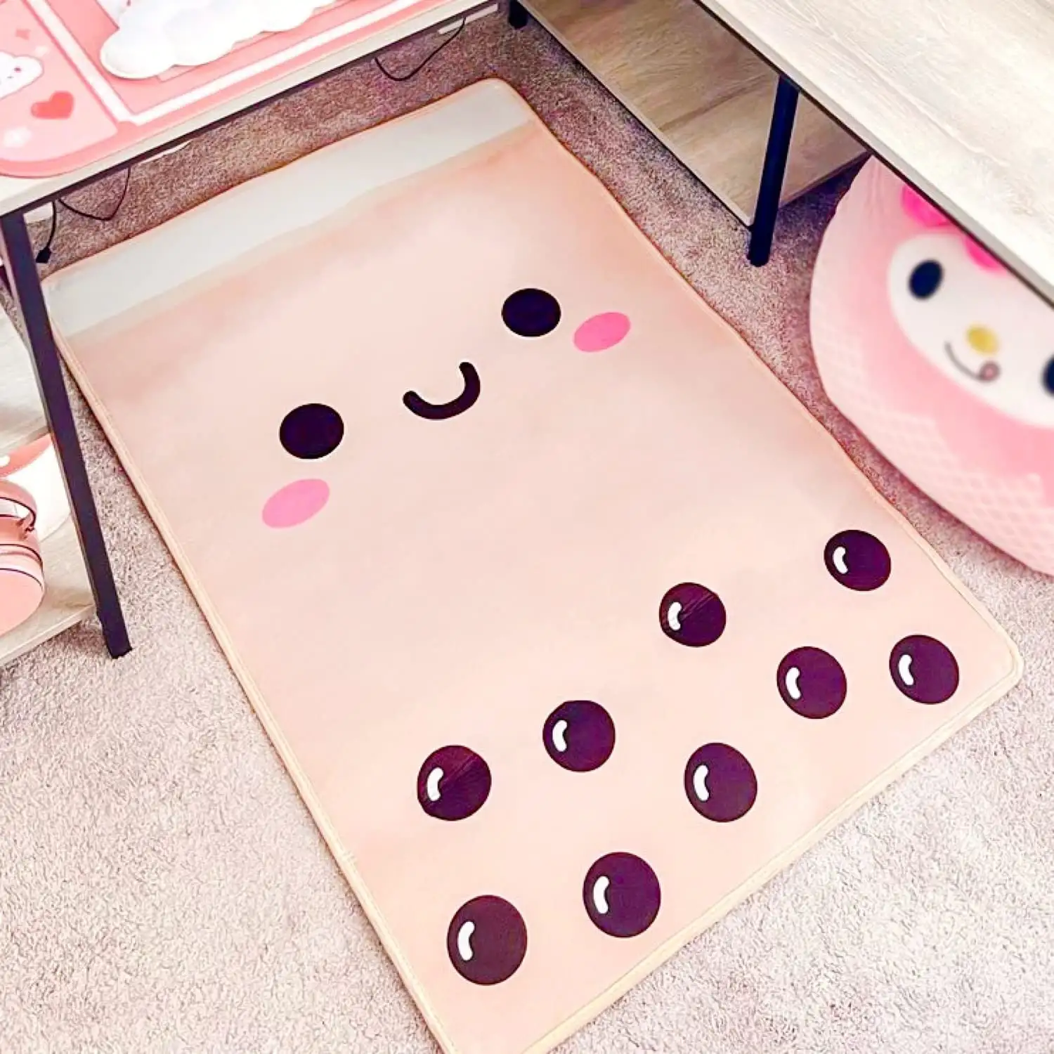 Boba Rectangular Room Area Rug Living Room Bedroom Non-slip Decor Soft Flannel Home Carpet Cute Bubble Tea Dessert Cartoon