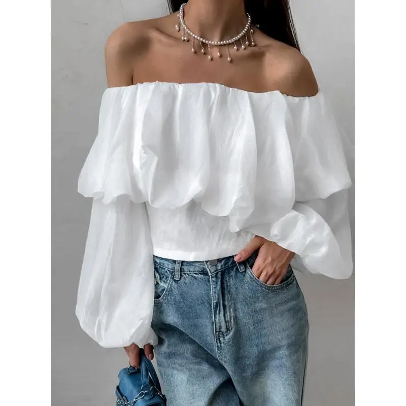 

GetSpring Women Blouse 2024 Summer Slash Neck Off Shoulder Puff Sleeve White Shirt Fashion Loose Casual All Match Female Tops